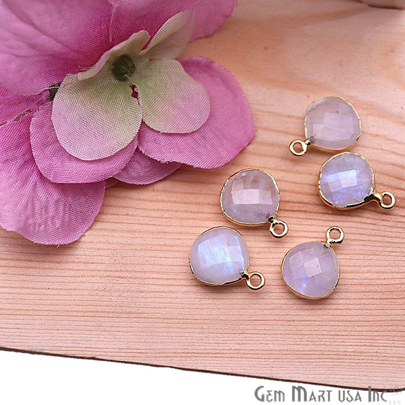 Rainbow Moonstone 12mm Heart Gold Electroplated Gemstone Connector - GemMartUSA