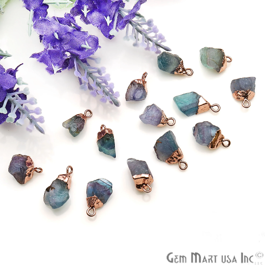 Rough Fluorite Gemstone Rose Gold Electroplated Single Bail Connector Charm