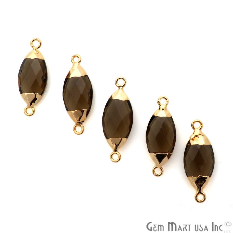 Smoky Topaz 10x20mm Marquise Shape Gold Electroplated Gemstone Connector - GemMartUSA