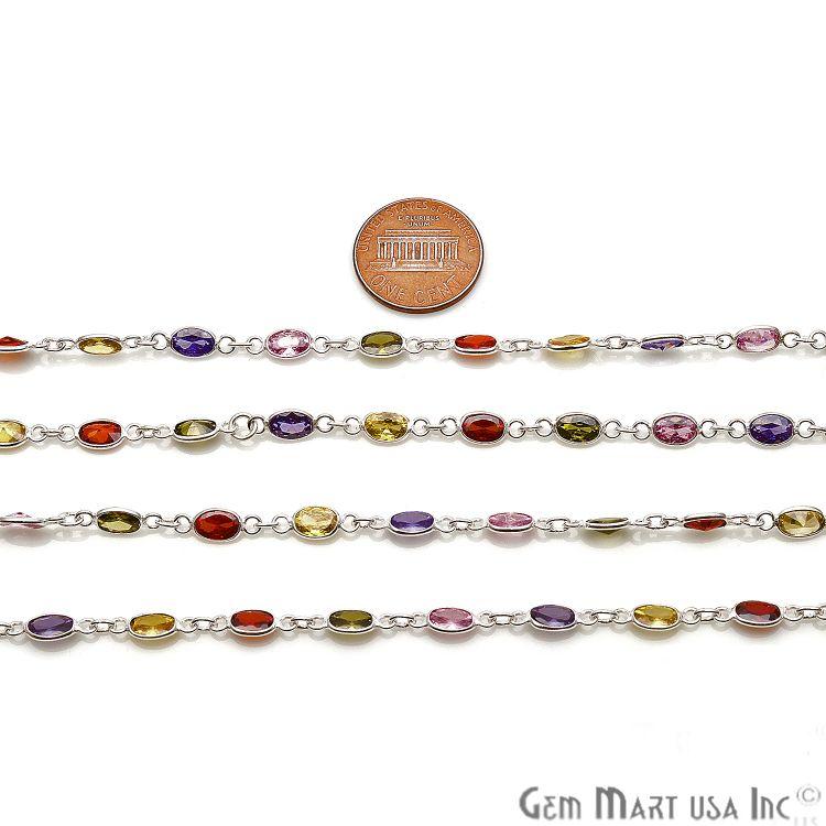 Multi Color Zircon Oval 6x4mm Silver Plated Continuous Connector Chain (763999322159)