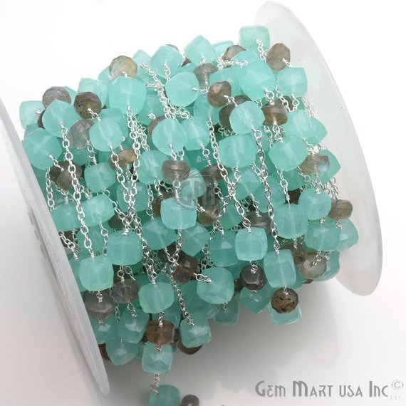 Aqua Chalcedony & Labradorite Gemstone Beads Silver Plated Link Rosary Chain - GemmartUSA