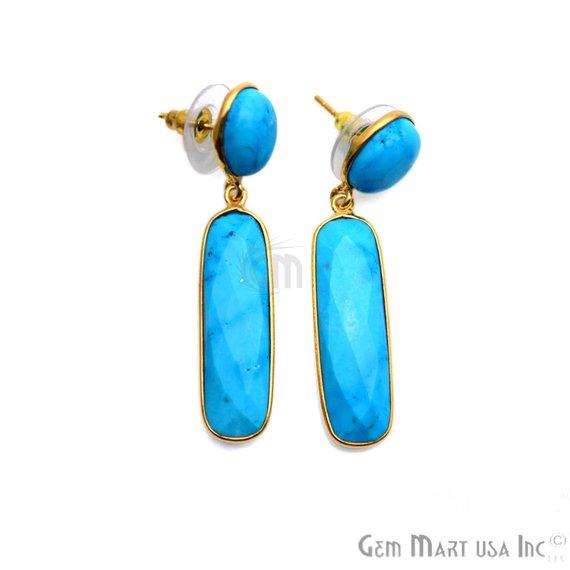 Rectangle and Round Shape 46x10mm Gold Plated Gemstone Dangle Studs (Pick your Gemstone) (90230-1) - GemMartUSA