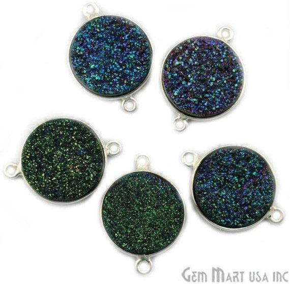 Natural Titanium Druzy 16mm Round Double Bail Silver Gemstone Connector