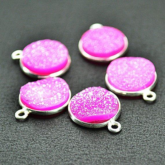 Natural Titanium Silver Druzy 12mm Round Single Bail Bezel Gemstone Connector