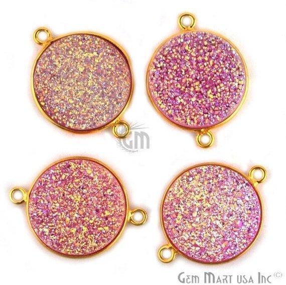Natural Titanium Druzy 16mm Round Double Bail Gold Gemstone Connector