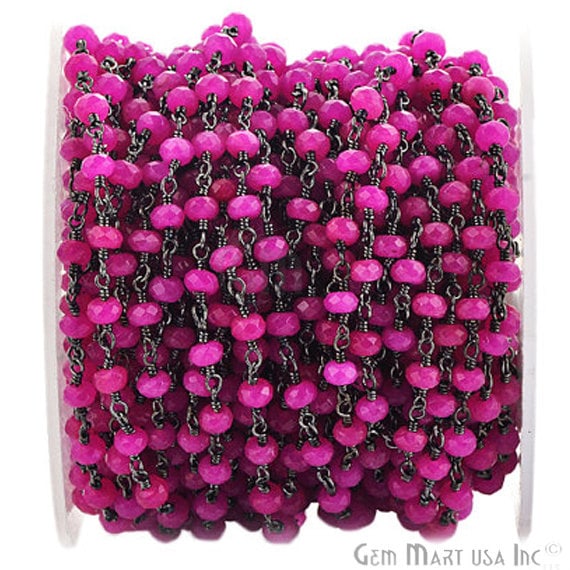 Hot Pink Chalcedony 4mm Oxidized Wire Wrapped Beads Rosary Chain - GemmartUSA (762863058991)