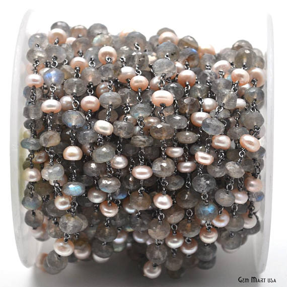 Labradorite & Pink Pearl Beads Chain, Oxidized Wire Wrapped Rosary Chain - GemmartUSA (762876821551)