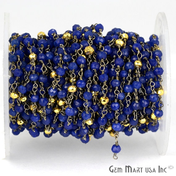 Blue Sapphire With Golden Pyrite 3-3.5mm Oxidized Wire Wrapped Beads Rosary Chain - GemmartUSA (763602829359)