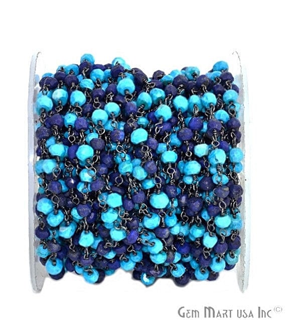 Turquoise With Lapis 6-7mm Beads Chain, Oxidized Wire Wrapped Rosary Chain - GemmartUSA (763609677871)