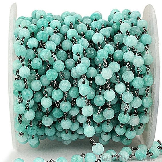 Turquoise Green Jade 6mm Beads Oxidized Wire Wrapped Rosary Chain - GemmartUSA (763610136623)