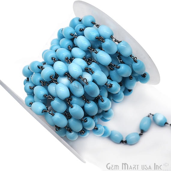 Turquoise Blue Monalisa Oval Rondelle Beads Chain, Oxidized Wire Wrapped Rosary Chain - GemmartUSA (763612954671)