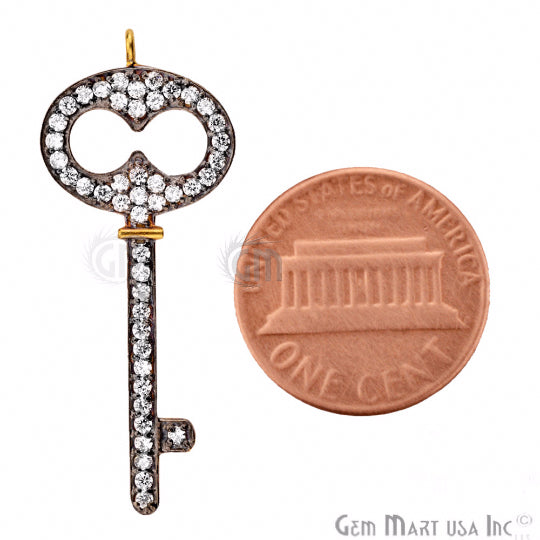 Cubic Zircon Pave 'Fancy Key' Gold Vermeil Charm For Bracelet & Pendants - GemMartUSA