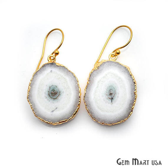 White Solar Druzy Organic Shape Gold Electroplated 33x24mm Dangle Hook Earring - GemMartUSA