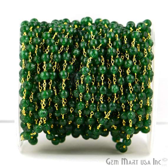 Aventurine Smooth Round Gold Plated Wire Wrapped Beads Rosary Chain - GemmartUSA (762900217903)