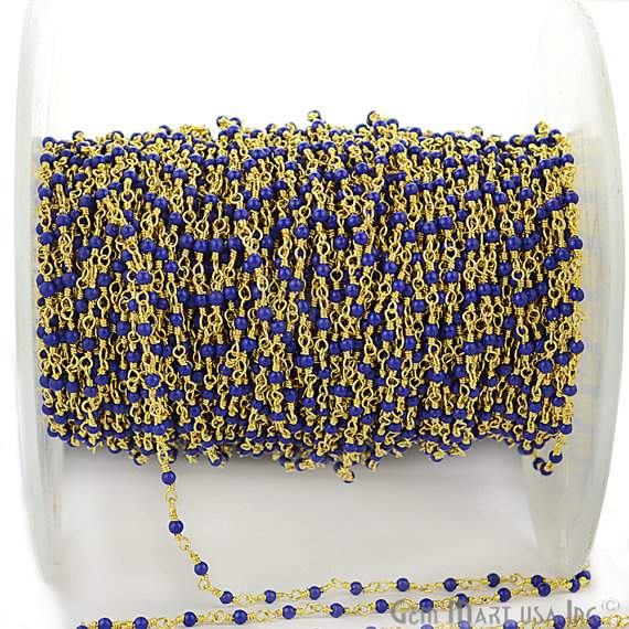 Blue chalcedony Gold Plated Wire Wrapped Gemstone Beads Rosary Chain - GemmartUSA (762909032495)