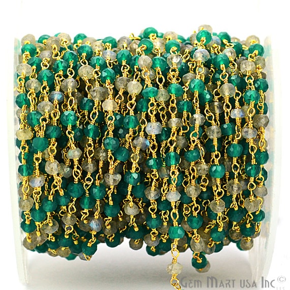 Green Onyx With Labradorite Gold Plated Wire Wrapped Rosary Chain - GemmartUSA