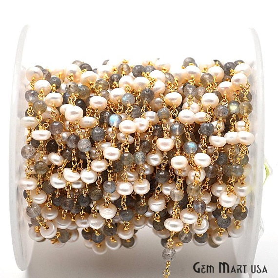 Labradorite With Pearl Gold Plated Wire Wrapped Beads Rosary Chain - GemmartUSA (763649785903)