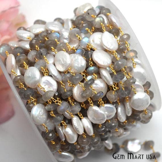 Labradorite With Pearl Gold Plated Wire Wrapped Beads Rosary Chain - GemmartUSA (763650703407)
