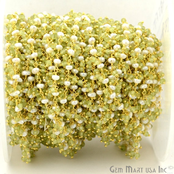 Peridot With Pearl Beads Gold Plated Wire Wrapped Cluster Dangle Rosary Chain - GemmartUSA (764178890799)