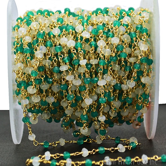 Rainbow With Green Onyx Gold Plated Wire Wrapped Rosary Chain - GemmartUSA