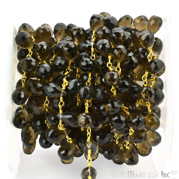 Smoky Topaz Faceted Beads Gold Wire Wrapped Dangle Rosary Chain - GemmartUSA (763712143407)