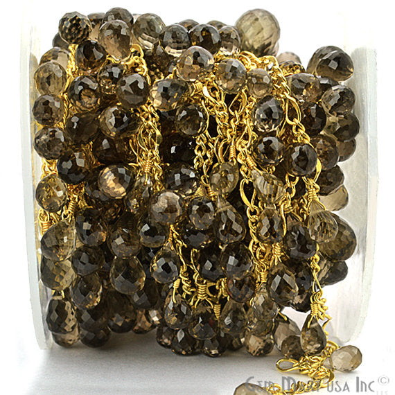 Smoky Topaz Faceted Beads Gold Plated Wire Wrapped Dangle Rosary Chain - GemmartUSA (763713159215)
