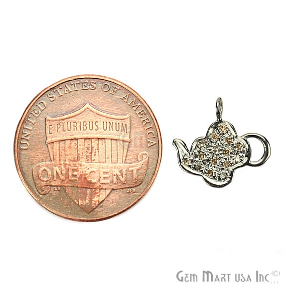 Tea Pot Shape 12x11mm Diamond Pave Single Bail Sterling Silver Charm for Bracelet & Pendant - GemMartUSA (755090653231)