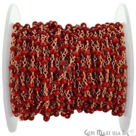 Red Coral 3-3.5mm Rose Gold Plated Wire Wrapped Rosary Chain - GemmartUSA (764064727087)