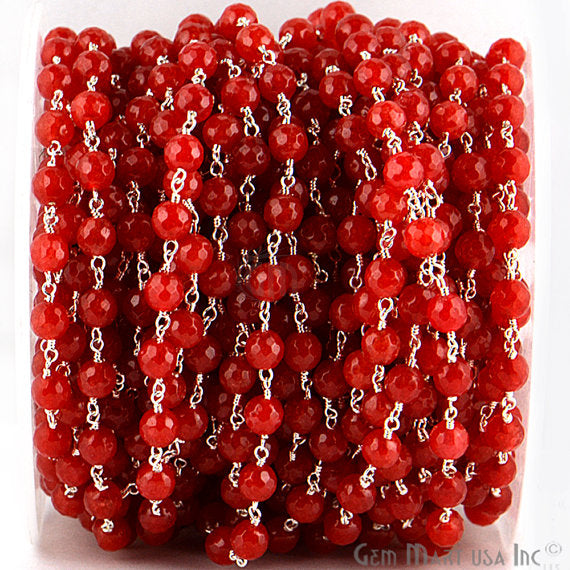 Red Jade Beads Silver Plated Wire Wrapped Rosary Chain - GemmartUSA (763972616239)