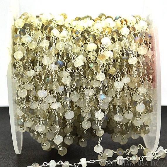 Rainbow With Labradorite 3-3.5mm Beads Silver Plated Rosary Chain - GemmartUSA