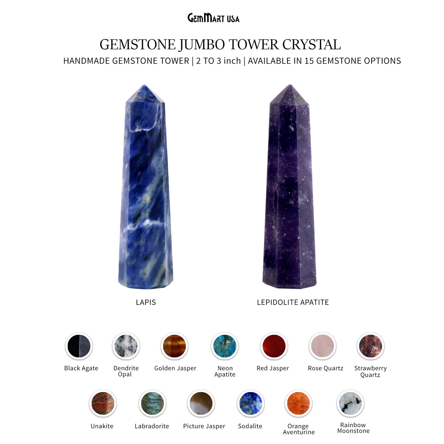 Gemstone Jumbo Tower Crystal Tower Obelisk Healing Meditation Gemstones 2-3 Inch