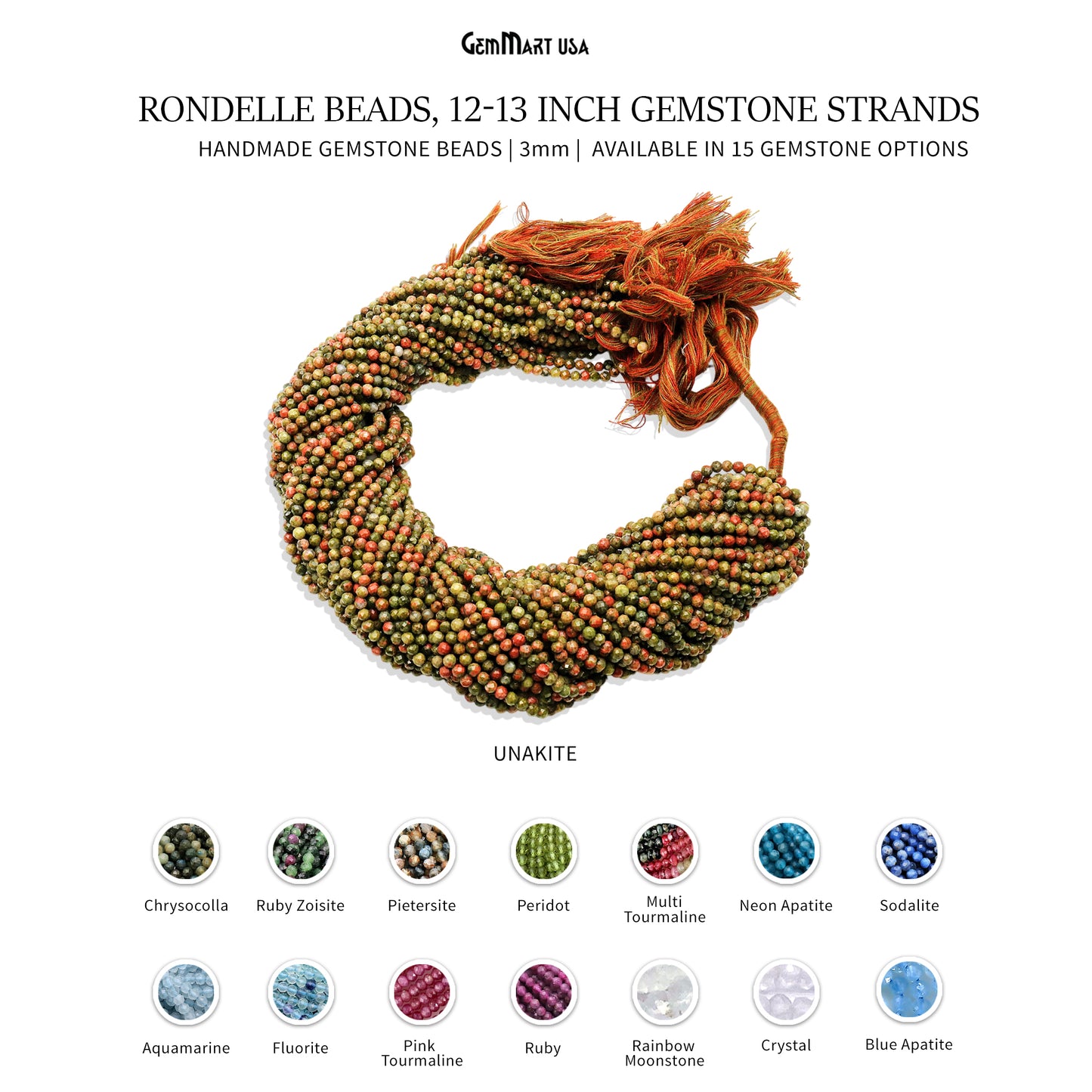 Rondelle Beads, 12-13 Inch Gemstone Strands, Drilled Strung Nugget Beads, Faceted Round, 3mm