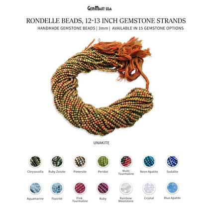 Rondelle Beads, 12-13 Inch Gemstone Strands, Drilled Strung Nugget Beads, Faceted Round, 3mm