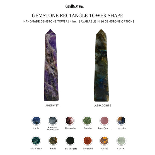 Gemstone Rectangle Tower Shape 4 Inch Crystal Tower Obelisk Healing Meditation Gemstones