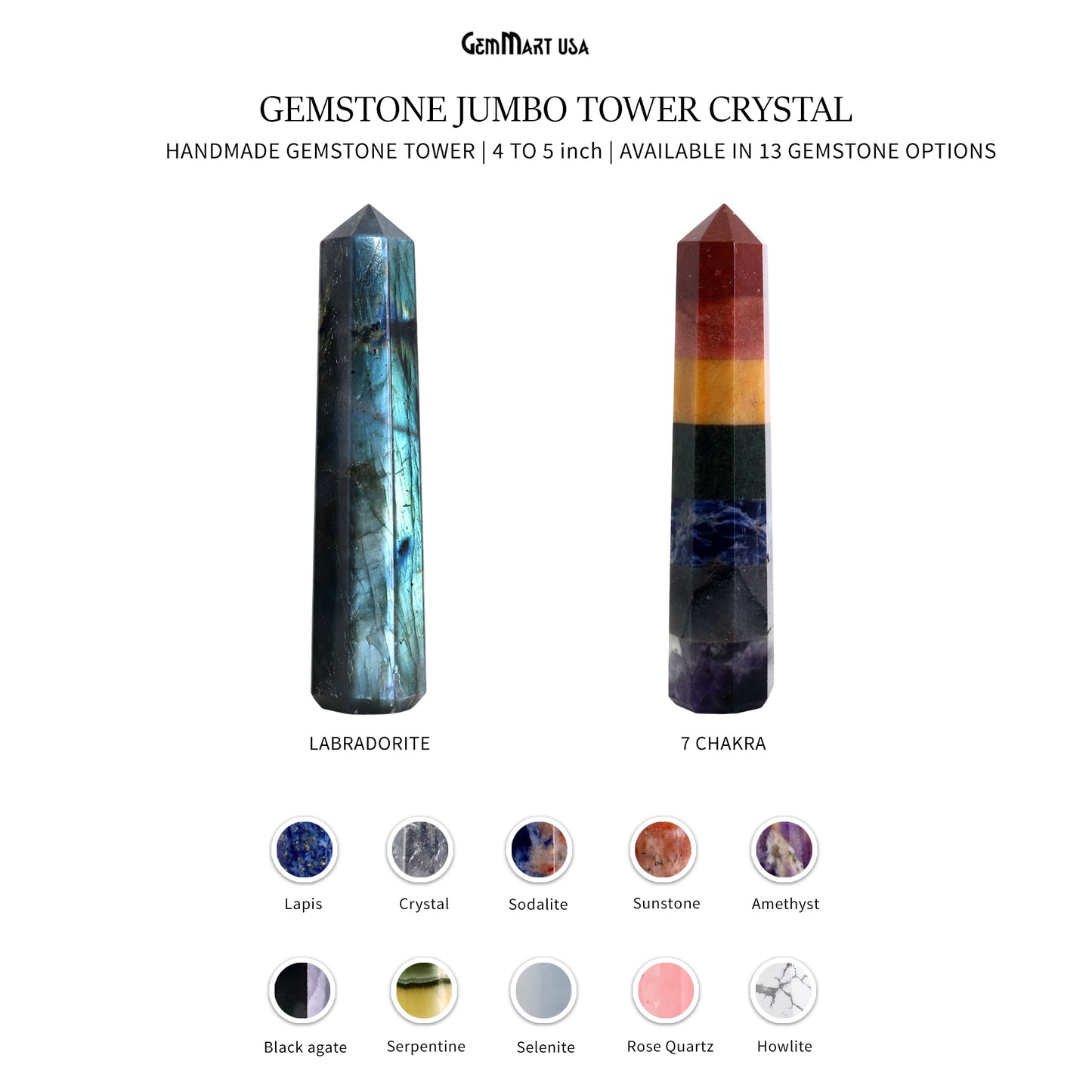 Gemstone Jumbo Tower Crystal Tower Obelisk Healing Meditation Gemstones 4-5 Inch