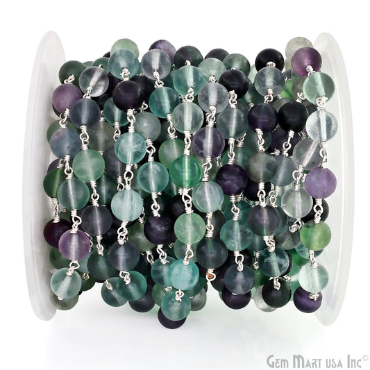 Fluorite 8mm Cabochon Beads Silver Wire Wrapped Rosary Chain