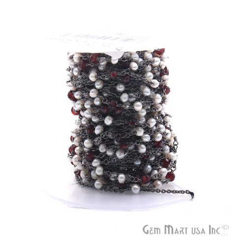 Garnet & Freshwater Pearl Multi Gemstone Beaded Wire Wrapped Rosary Chain