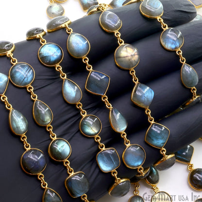 Labradorite Cabochon 10mm Mix Shape Gold Plated Bezel Continuous Connector Chain