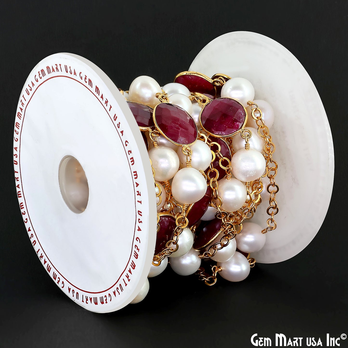 Ruby And Pearl Beads Gold Plated Round Shape Bezel Link Continuous Connector Chain