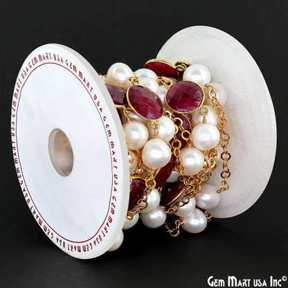 Ruby And Pearl Beads Gold Plated Round Shape Bezel Link Continuous Connector Chain