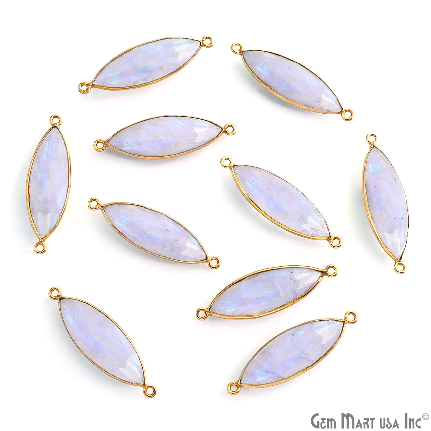 Rainbow Moonstone Marquise 38x11mm Gold Plated Double Bail Gemstone Connector