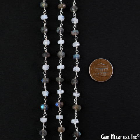 Moonstone & Labradorite Oblate Faceted Beads 6-7mm Silver Wire Wrapped Rosary Chain