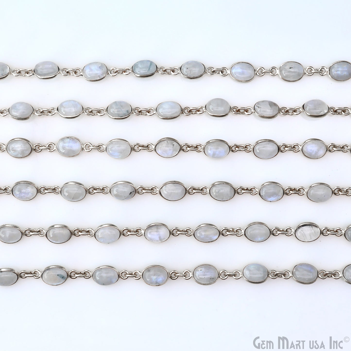 Rainbow Moonstone 6x8mm Oval Silver Bezel Cabochon Continuous Connector Chain