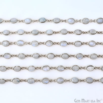 Rainbow Moonstone 6x8mm Oval Silver Bezel Cabochon Continuous Connector Chain