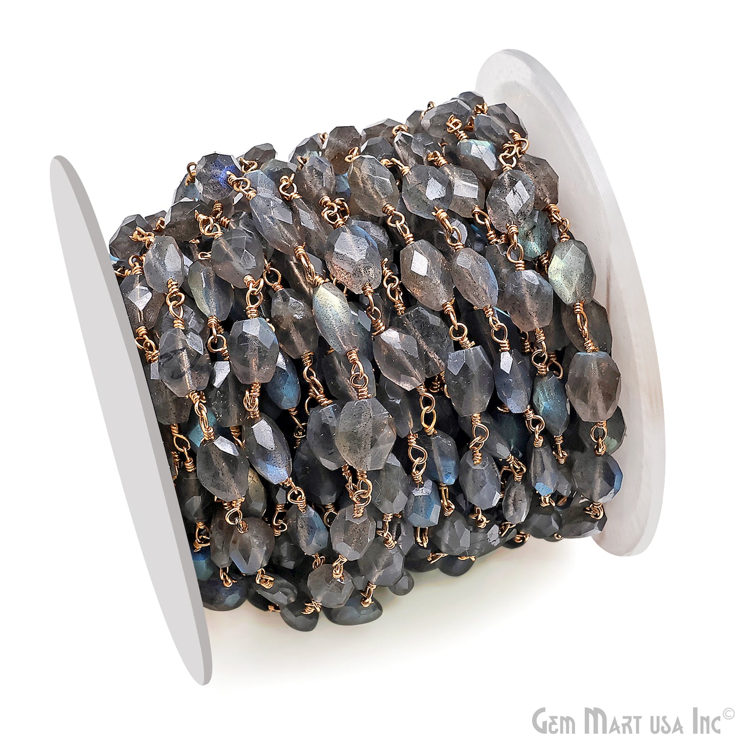 Labradorite 9x6mm Free Form Shape Gold Wire Wrapped Rosary Chain