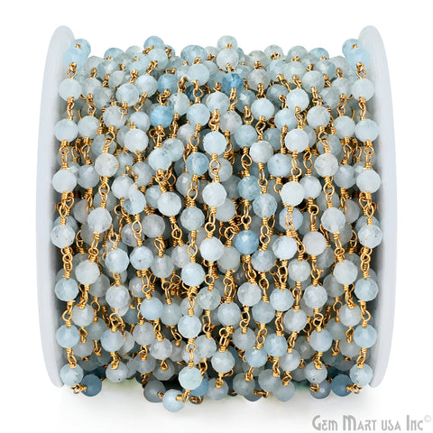 Aquamarine 4mm Gold Plated Wire Wrapped Gemstone Beads Rosary Chain