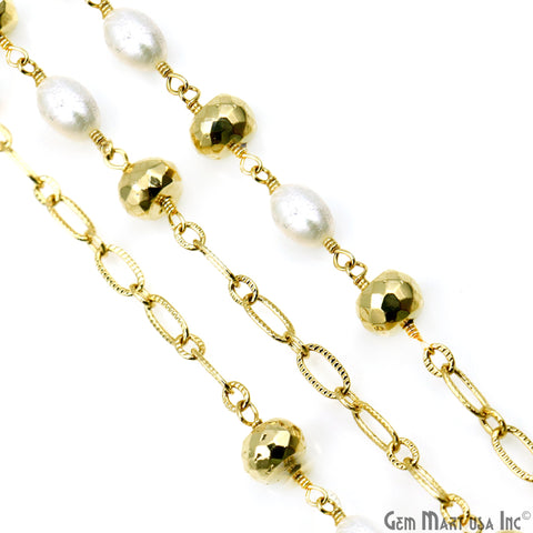 Golden Pyrite 6-7mm & Freshwater Pearl Round Beads Gold Plated Finding Rosary Chain