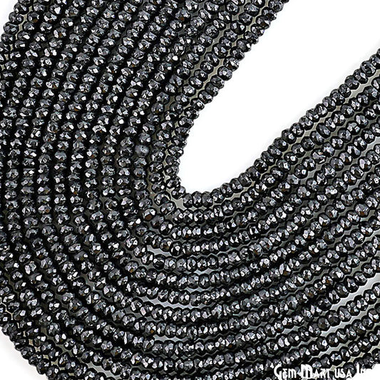 Black Spinel Rondelle Beads, 12.5 Inch Gemstone Strands, Drilled Strung Nugget Beads, Faceted Round, 3-4mm