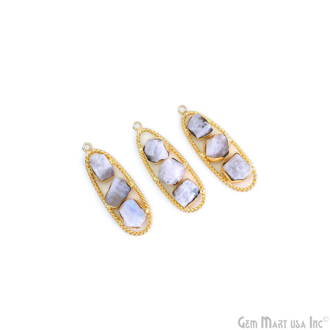 Rainbow Moonstone Rough Gemstone Free Form Oval Gold Plated Twisted Bezel setting 44x16mm DIY Earring Pendant Connector
