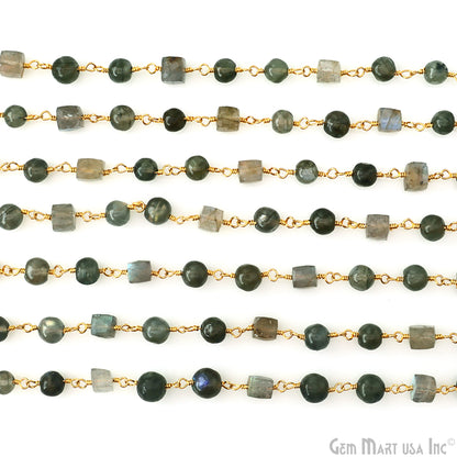 Labradorite Cabochon Round 5mm & Box 6mm Beads Gold Plated Rosary Chain